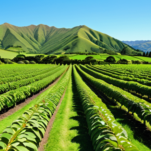 Home 4 **Image:** A lush green kiwi farm in New Zealand, with rows of kiwi vines laden with fruit. In the background, rolling hills and a bright blue sky. Focus on the vibrant green colors and the abundance of fruit.