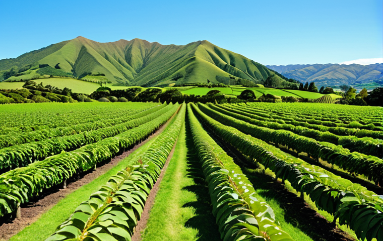 **Image:** A lush green kiwi farm in New Zealand, with rows of kiwi vines laden with fruit. In the background, rolling hills and a bright blue sky. Focus on the vibrant green colors and the abundance of fruit.